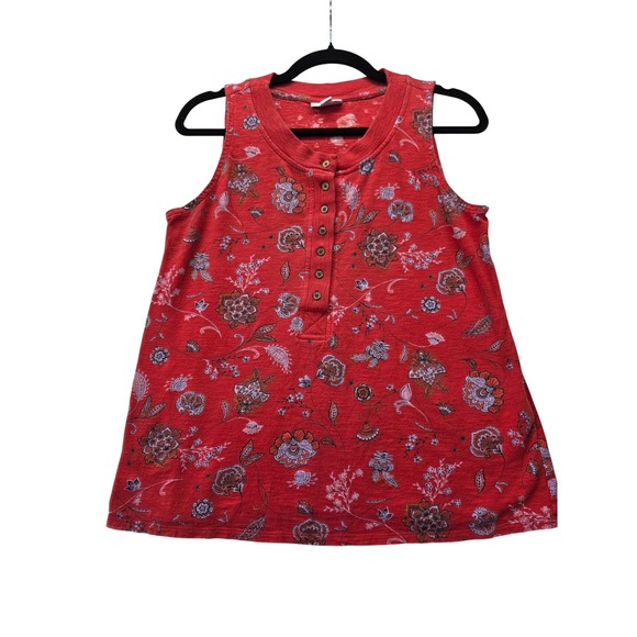 J. Jill Tops - J. Jill Red Floral Henley Tank Cotton Tencel Modal Slub Knit Sleeveless Small
